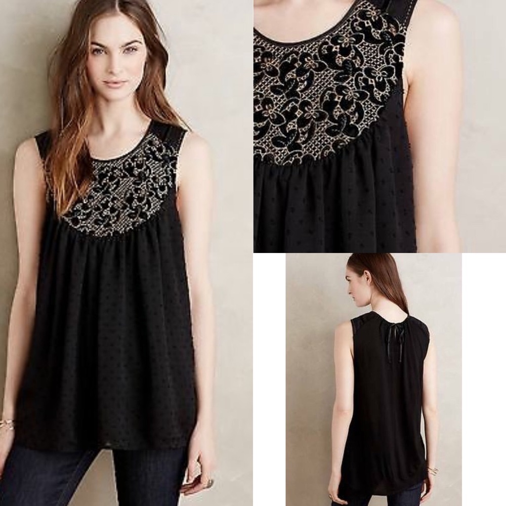 Anthro One September Mari sleeveless embroidered velvet bib blouse RUNS LARGE